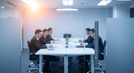 Blurred View of Business Team Meeting Around White Table in Modern Office with Blue Light