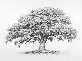 Majestic oak tree drawing, roots visible, white background, nature art