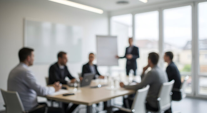 Blurred View of Business Team Brainstorming Meeting Around a Table in Bright Conference Room