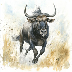 Illustration of the Wildebeest running through the savannah, soft watercolor tones, white background, detailed illustration, cartoonish.