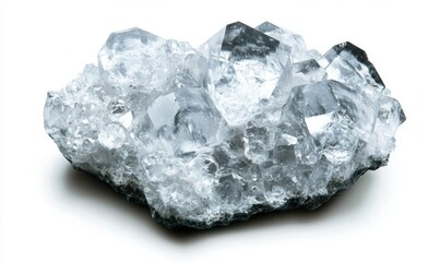 Cluster of clear quartz crystals on white background, geology sample, science, education