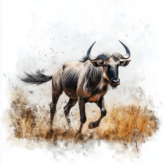 Illustration of the Wildebeest running through the savannah, soft watercolor tones, white background, detailed illustration, cartoonish.
