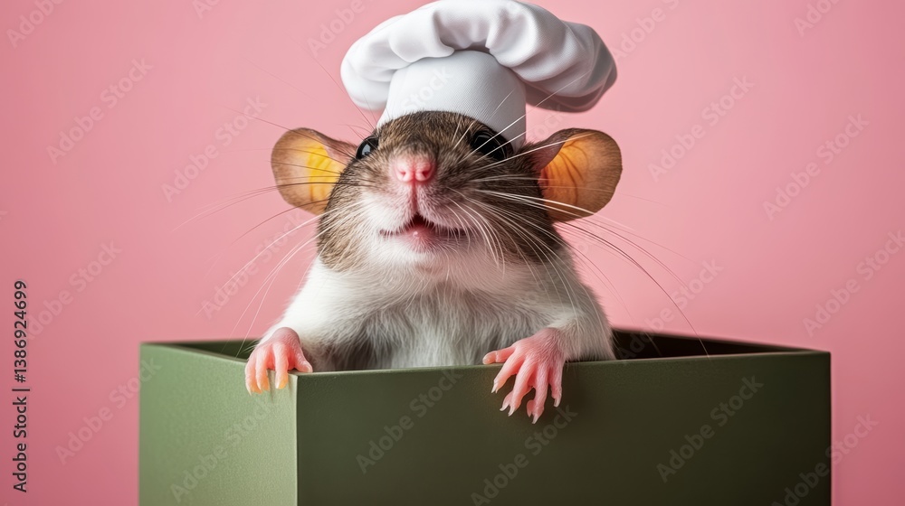 Poster small mouse wearing a chef's hat is standing in front of a box. concept of playfulness and whimsy, a