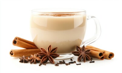 Spiced Chai Latte in Glass Cup, White Background, Warm Drink, Autumn Beverage