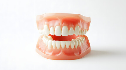 Obraz premium Realistic 3D dental model showing upper and lower teeth with pink gums ideal for oral health education dental care visuals orthodontic demonstrations and professional healthcare presentations