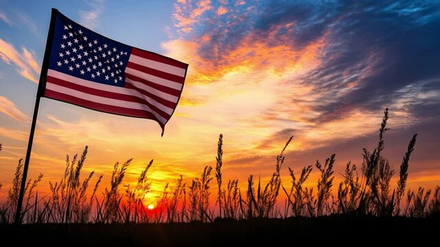 American Flag at Sunset: The American flag flies proudly against a breathtaking sunset, its stars and stripes silhouetted against the vibrant hues of the sky.