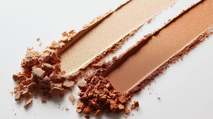 Two long powder pans in golden beige and bronze shades, broken and crushed across the surface