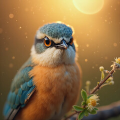 Fototapeta premium A mesmerizing close-up portrait of a gorgeous little bird illuminated by the soft, golden light of a tranquil morning, with vibrant bokeh balls gently framing its delicate form. 