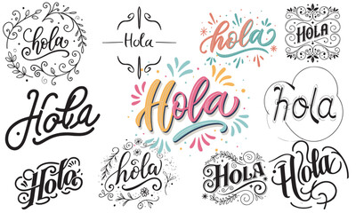 Hola Hand drawn lettering phrase  watercolor splash  message hello in Spanish bundle collections set or group hola hi vector illustration for clipart t shirt trendy tee poster banner greetings card po