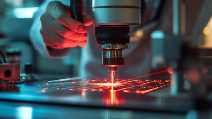 A scientist working with advanced laser cutting tools, ultra-modern research lab with precise cutting equipment and light beams, High-tech style