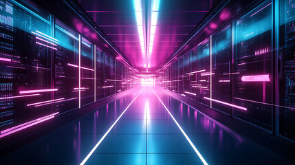 A sleek quantum computer in a futuristic data center, illuminated by soft neon lights reflecting off polished surfaces, Cyberpunk style