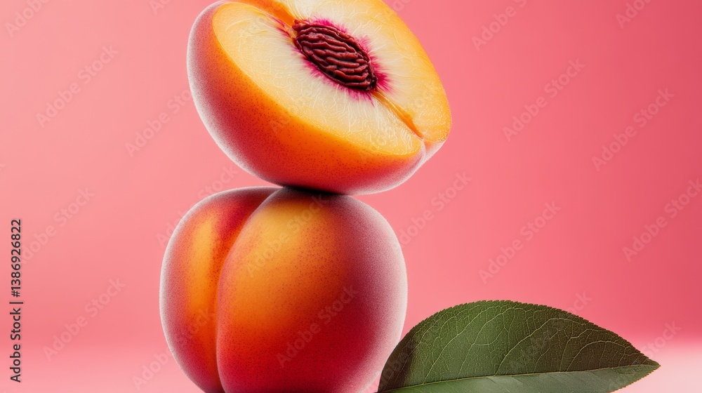 Aufkleber peach is on top of another peach, with a leaf on the bottom. the image has a playful and lighthearte