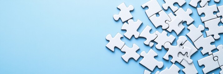 Fototapeta premium Scattered white puzzle pieces on light blue background