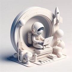 Female Astronaut with Laptop in Space &ndash; 3D Round Sci-Fi Illustration