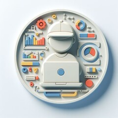 Office Worker with Laptop and Graph Icons &ndash; 3D Round Business Tech Illustration