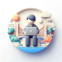Office Worker with Laptop and Graph Icons &ndash; 3D Round Business Tech Illustration
