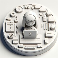 3D Cartoon Girl Working on Laptop Surrounded by UI Icons – Round Tech Illustration