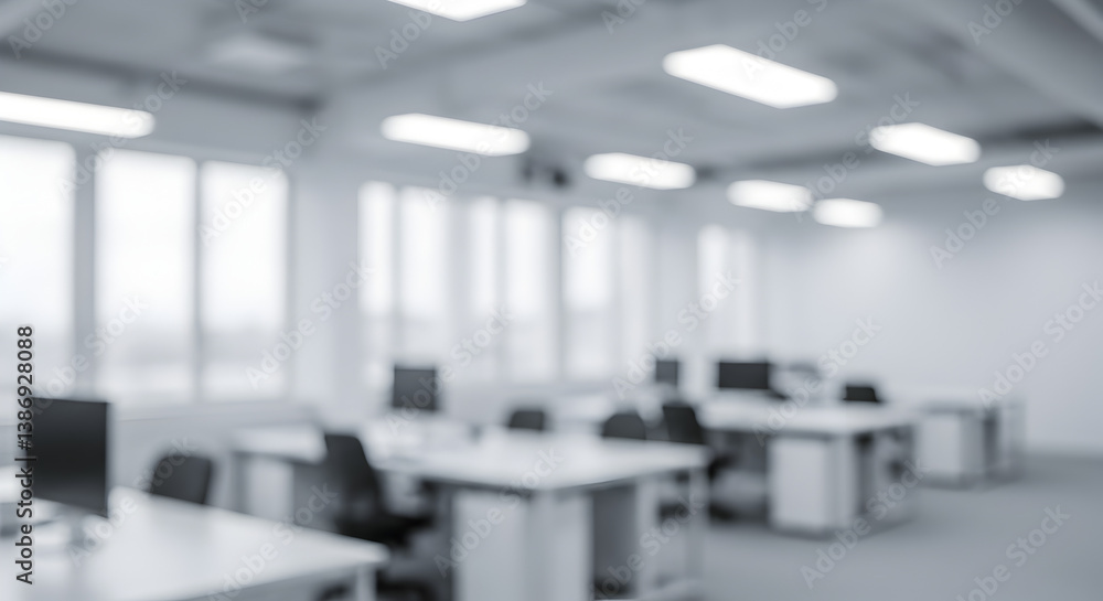 Poster blurred gray modern open office space featuring empty desks and chairs in soft focus