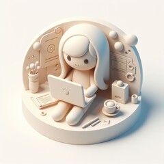 3D character of a girl sitting and working on a laptop, surrounded by digital symbols and interface icons. Clean round composition on white background.