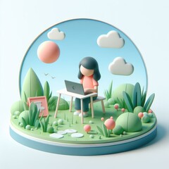 3D character of a girl sitting and working on a laptop, surrounded by digital symbols and interface icons. Clean round composition on white background.