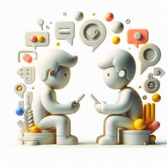 3D round illustration of a boy and girl facing each other, holding smartphones. Surrounded by various communication icons. Symbolizes mobile conversation in a soft and modern visual.