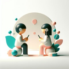 3D round illustration of a boy and girl facing each other, holding smartphones. Surrounded by various communication icons. Symbolizes mobile conversation in a soft and modern visual.