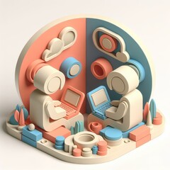 Stylized 3D illustration of a boy and girl sitting opposite each other with laptops, surrounded by collaborative digital icons. Symbol of online teamwork. Clean white round setup.