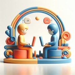 Stylized 3D illustration of a boy and girl sitting opposite each other with laptops, surrounded by collaborative digital icons. Symbol of online teamwork. Clean white round setup.