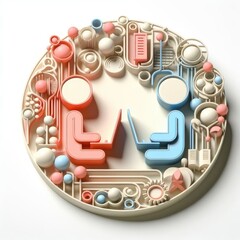 Stylized 3D illustration of a boy and girl sitting opposite each other with laptops, surrounded by collaborative digital icons. Symbol of online teamwork. Clean white round setup.