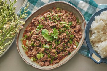 Authentic Thai Larb with Sticky Rice and Edible Flowers