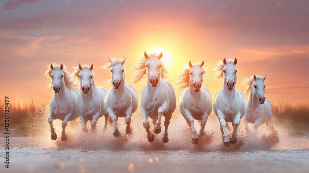 Poster group of horses running in a field with a sunset in the background. the horses are all white and are