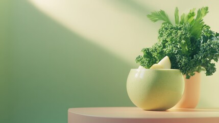 A fresh green smoothie with kale, apple, and ginger. Featuring health and vitality
