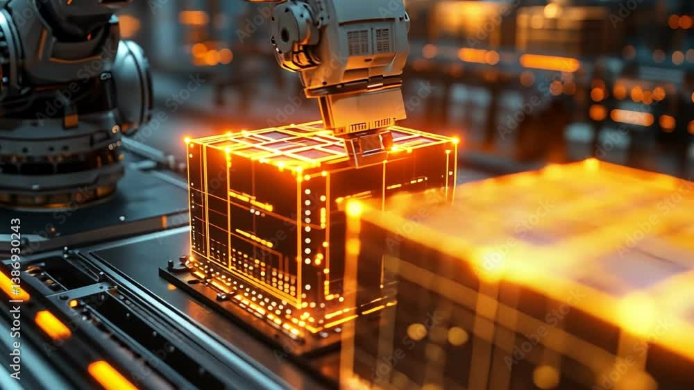 Poster futuristic warehouse automation robotic machinery handling glowing packages with advanced technology