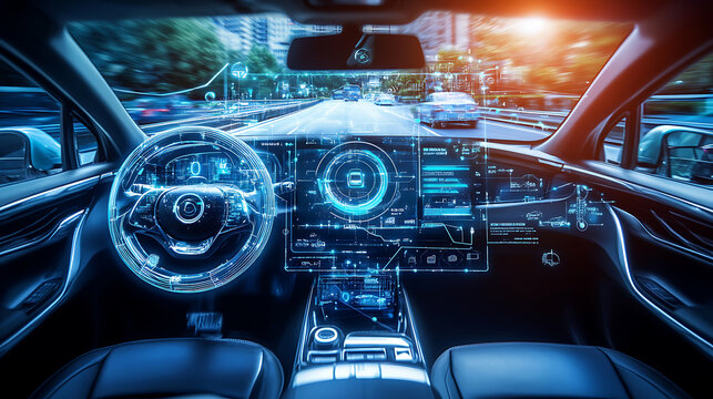 A smart car dashboard displaying autonomous driving data, futuristic vehicle interior with digital interfaces and navigation maps, High-tech style
