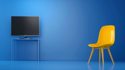 Fototapeta premium Modern interior design yellow chair and television on vibrant blue wall