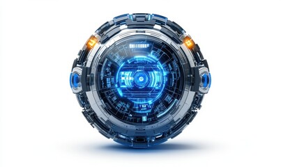 Futuristic sphere technology, glowing blue core, white background, sci-fi concept, website design
