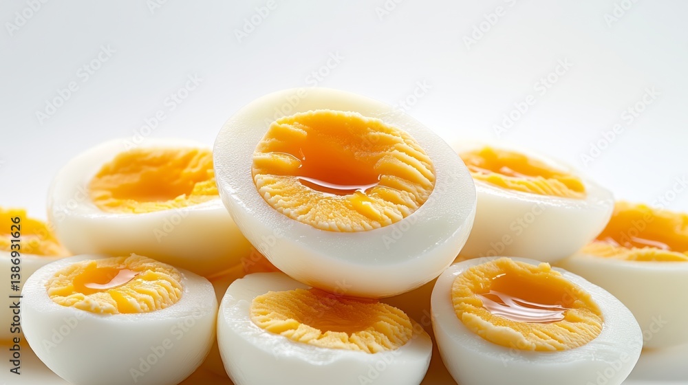 Poster stack of eggs with the yolks visible. the eggs are white and yellow. the eggs are piled on top of ea