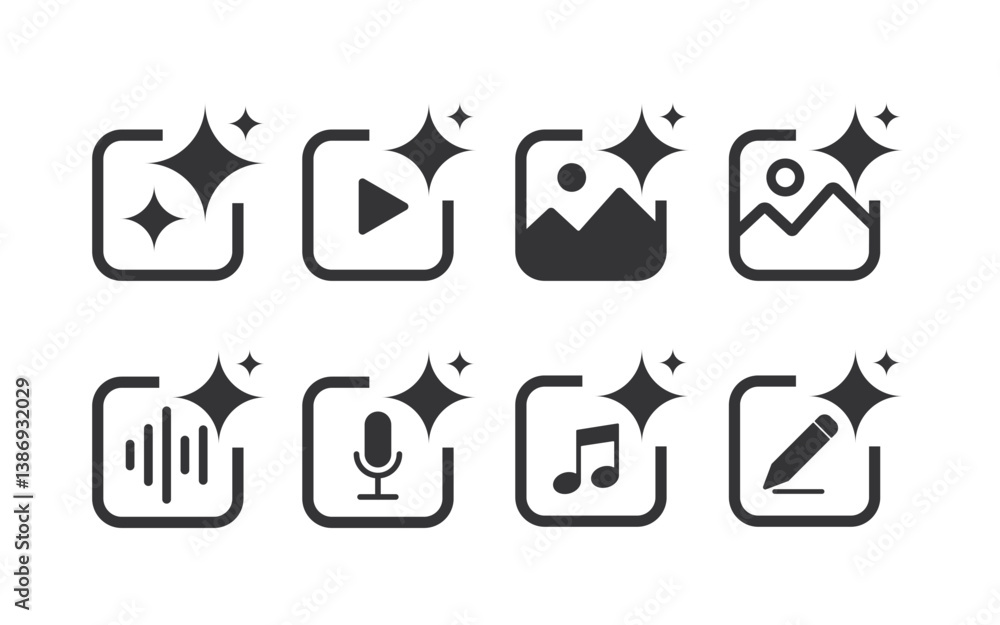 Poster Set of Generate AI user interface. Artificial intelligence sign. AI enters by command prompt to generate ideas. AI tool and square. Icon element for apps, and websites. Vector illustration.