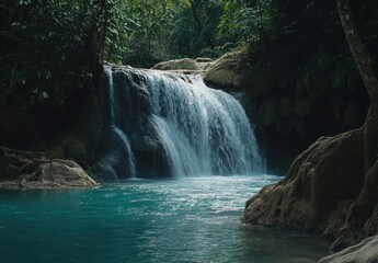 Naklejka premium A beautiful cascading waterfall flows into a serene and turquoise pool