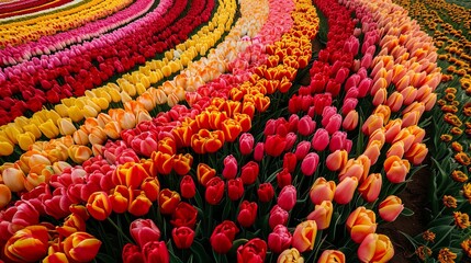 A vibrant tapestry of red, pink and yellow stripes of tulip fields seen from above, cultivation of tulips 