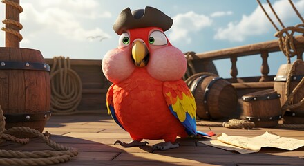 Animated parrot pirate on a wooden ship deck.