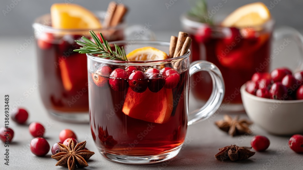 Poster three cups of cranberry juice with orange slices and cinnamon sticks. the cups are on a table with a