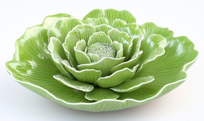 Obraz premium Green ceramic rose bowl, dewdrop detail, white background, home decor