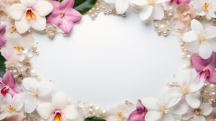 Exotic white and pink blooms frame accompanied by scattered white pearls, suitable for wedding or festive celebration card