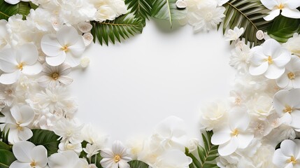 Tropical white blooms accompanied by scattered white pearls and palm leaves, suitable for wedding or festive celebration card