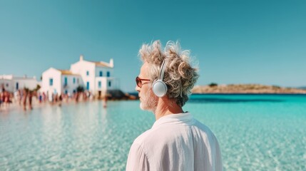 Fototapeta premium Man wearing headphones stands on a beach next to a body of water. The scene is peaceful and relaxing, with the man enjoying the sound of the waves and the music in his ears