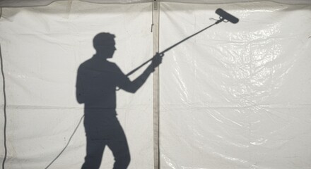 Shadow of Boom Operator Holding Microphone on White Fabric Backdrop