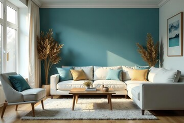 Serene Living Room Interior Design with Teal Walls, Plush Sofa, and Natural Decor Accents