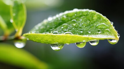 Leaf with raindrops on it. The raindrops are small and scattered, giving the leaf a fresh and lively appearance