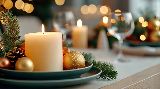 Elegant Holiday Table Setting with Candles and Christmas Ornaments